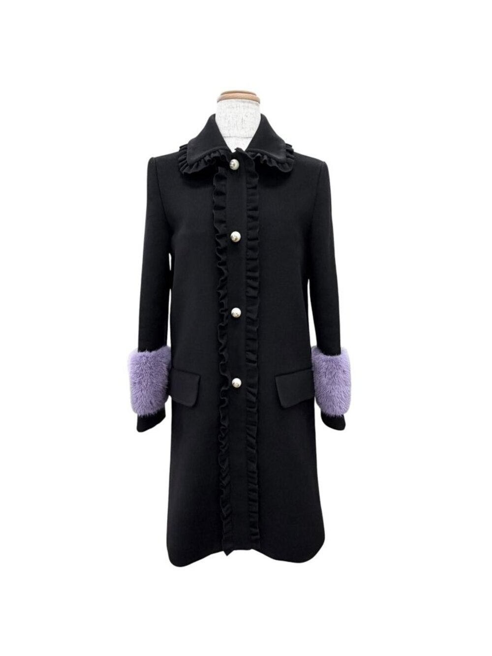 Gucci Wool Mink Interlocking Pearl Button Frill Coat